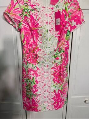 Lilly Pulitzer Pink & Green Floral Mini Dress with White Lace Trim